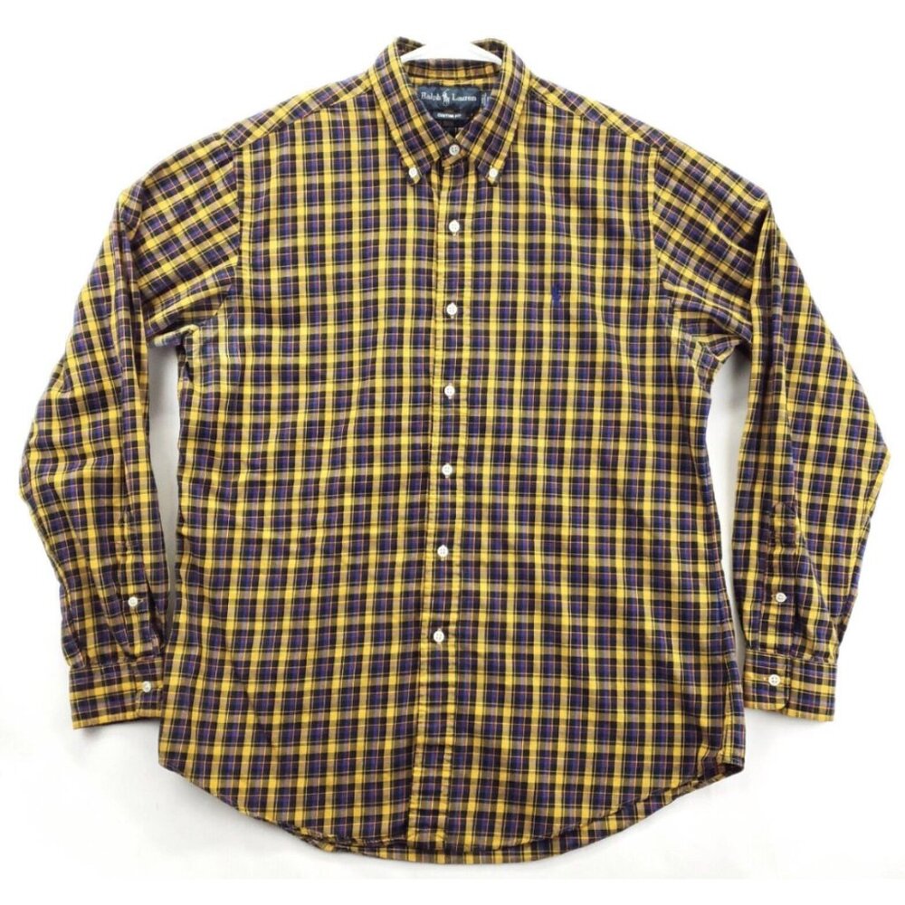 Vintage Ralph Lauren Shirt Mens Large Black Yellow Custom Fit Button-Down *spots